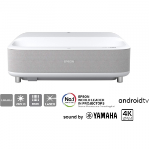 Epson EH-LS300W videoproiettore laser ottica ultra corta EpiqVision Full HD 1080p, 1920 x 1080, 16:9, 3.600 lumen, 3LCD, proiezione 120", HDMI/USB/WLAN Android TV, Chromecast, Surround Yamaha - Bianco