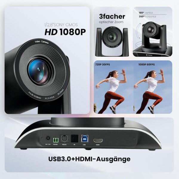 Telecamera per sala conferenze all-in-1, microfono Bluetooth, 1080P 60 fps, zoom ottico 3X - immagine 2